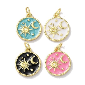 Rack Plated Brass Enamel Pendants, with Jump Ring, Long-Lasting Plated, Lead Free & Cadmium Free, Real 18K Gold Plated, Flat Round with Sun & Moon Charm
