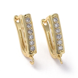 Brass Micro Pave Cubic Zirconia Hoop Earring Findings with Latch Back Closure, with Horizontal Loop, Rectangle, Clear