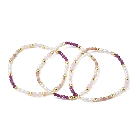 Pulseras elásticas de rodonita natural, cuarzo rosa, rubí y perla cultivada de agua dulce para mujer, rondo, Con hematita sintética no magnética