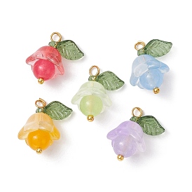 Natural Malaysia Jade & White Jade Dyed Pendants, Flower Charms with with Transparent Two Tone Spray Painted Glass Leaf
