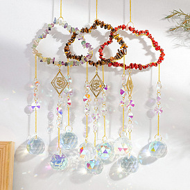 Natural Gemstone Copper Wire Wrapped Cloud Hanging Ornaments, Teardrop Glass Tassel Suncatchers for Home Outdoor Decoration