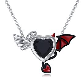 Ожерелья с подвеской в виде сердца дьявола с крыльями из цинкового сплава, гагатового хрусталя и красной эмали