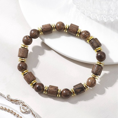 Эластичные браслеты из натурального дерева венге и немагнитных синтетических гематитовых бусин для женщин и мужчин., круглый и колонки