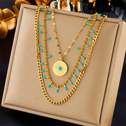 Boho Layered Turquoise Round Pendant Metal Necklace in Retro Ethnic Style