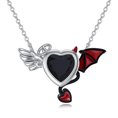 Ожерелья с подвеской в виде сердца дьявола с крыльями из цинкового сплава, гагатового хрусталя и красной эмали