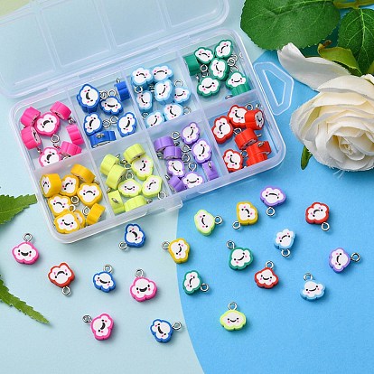 80Pcs 8 Colors Handmade Polymer Clay Charms, with Platinum Plated Iron Loop, Cloud with Smile