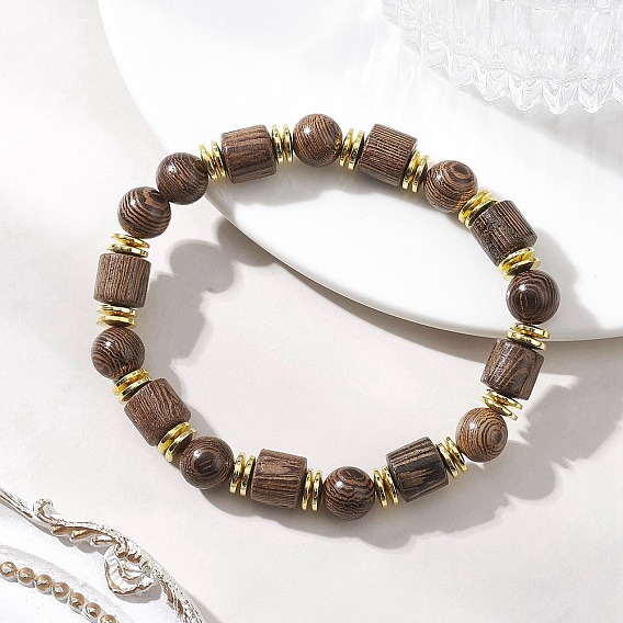 Эластичные браслеты из натурального дерева венге и немагнитных синтетических гематитовых бусин для женщин и мужчин., круглый и колонки