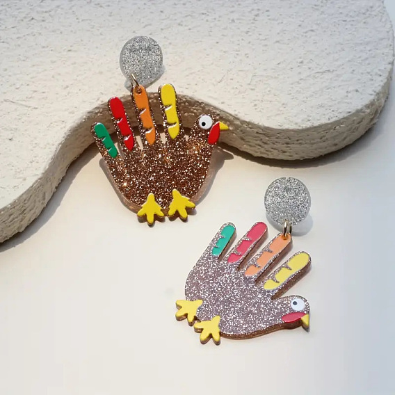 Акриловые серьги-гвоздики, пальма с индейкой