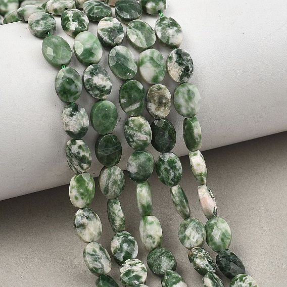 Perles de jaspe tache verte naturelle, facette, Ovale Plat