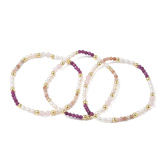 Natural Rhodonite & Rose Quartz & Ruby & Cultured Freshwater Pearl Beaded Stretch Bracelets for Women, Round, with Non-magnetic Synthetic Hematite