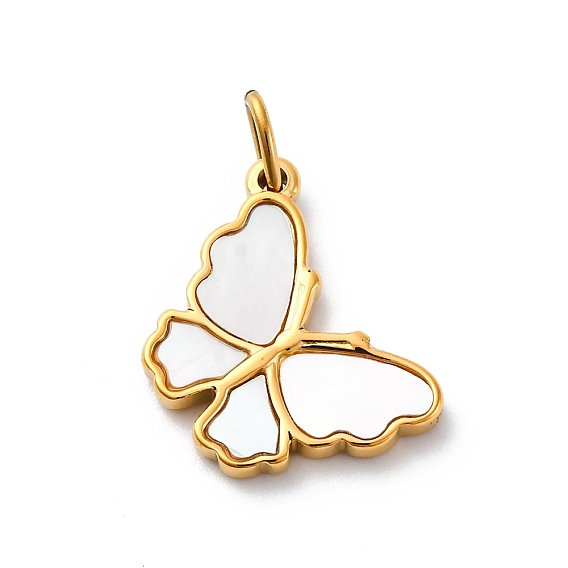 304 подвески из нержавеющей стали с натуральными белыми ракушками, подвески-бабочки с соединительными кольцами, ионное покрытие (ip)