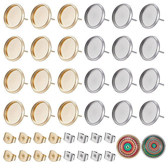 304 Stainless Steel Stud Earring Findings, with Cabochon Settings & 201/304 Stainless Steel Ear Nuts, Flat Round