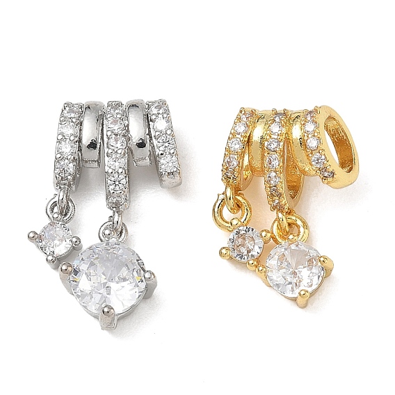 Brass Micro Pave Clear Cubic Zirconia Pendants, Round Charms, Rack Plating, Long-Lasting Plated