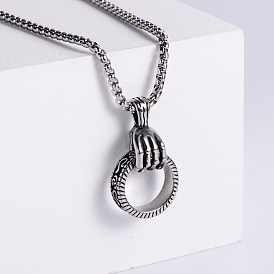 Stainless Steel Skeleton Hand Holding Ring Pendant Necklaces for Men