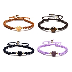 Adjustable Round Natural Gemstone Beads Bracelets for Women or Men, Braided Nylon Cord Bracelets