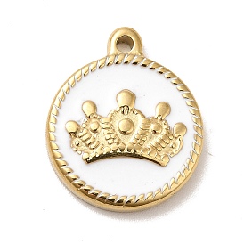 Ion Plating(IP) 304 Stainless Steel Pendants, with Enamel, Golden, Flat Round with Crown
