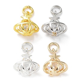 Rack Plating Brass Clear Cubic Zirconia Pendants, Long-Lasting Plated, Cadmium Free & Lead Free, with Jump Rings,  Planet