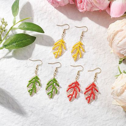 Серьги-подвески из стеклянных бусин ручной работы, с латунным, лист, золотые