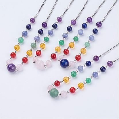 Collares de cuentas de piedras preciosas naturales, con cadena de hierro, Encanto de corazón de aleación y broches de langosta de latón, Platino