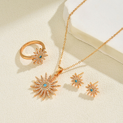 Комплекты из латунных серег-гвоздиков, подвесок, ожерелий и колец с микропаве из кубических цирконий в форме звезд