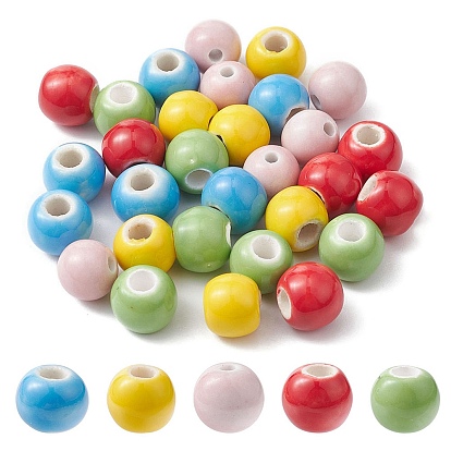 30Pcs 5 Colors Handmade Porcelain Beads, Bright Glazed Porcelain Style, Round