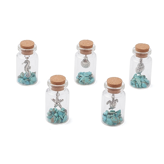 5 шт 5 стили стеклянные бутылки желаний дисплей украшения, синтетические бирюзовые бусины и подвески из сплава внутри, для украшения рабочего стола домашнего офиса