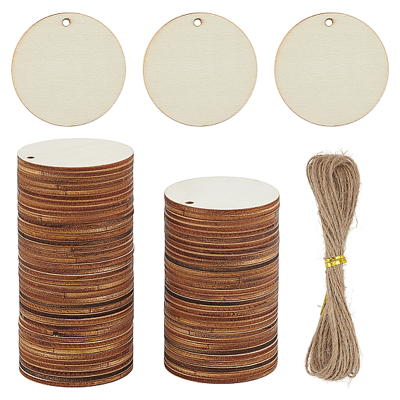 200 шт незавершенные деревянные подвески, плоско-круглые, с 1 связкой джутового шпагата