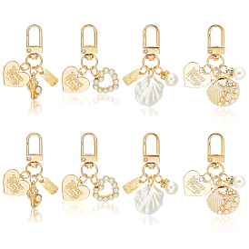 8Pcs 4 Style Alloy Baking Paint Keychain, with Imitation Pearl, Heart & Rectanlgle & Shell