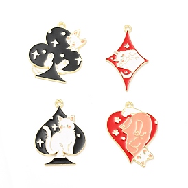 Alloy Enamel Pendants, Light Gold, Club/Spade/Diamond/Heart with Cat Pattern Charm