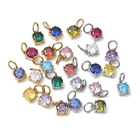 304 Stainless Steel Pave Cubic Zirconia Pendants, Single Stone Charms, Flat Round Charms, Mixed Color