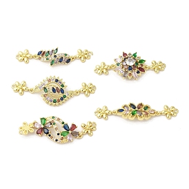 Rack Plating Brass Pave Colorful Cubic Zirconia Flower Connector Charms, Long-Lasting Plated, Cadmium Free & Lead Free