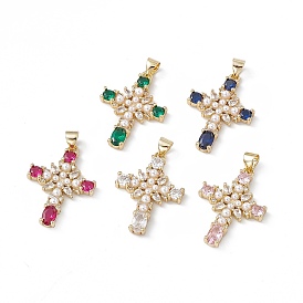 Rack Plating Brass Micro Pave Cubic Zirconia Pendants, with Plastic Imitation Pearl, Cadmium Free & Lead Free, Long-Lasting Plated, Real 18K Gold Plated, Religion Cross Charm