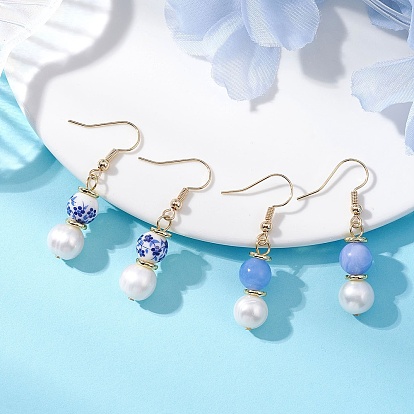2 пары круглых латунных серег-подвесок, с натуральными бусинами из голубого кружевного агата, фарфоровыми бусинами ручной работы и бусинами из натурального культивированного пресноводного жемчуга