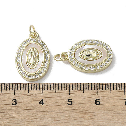 Brass Micro Pave Cubic Zirconia Pendants, with Shell, Virgin Mary Pattern, Real 18K Gold Plated
