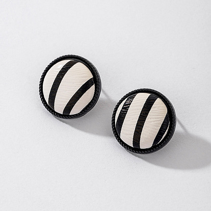 925 Silver Geometric Earrings for Women, Black and White Striped Leather Square Circle Studs with Minimalist Style and Fashionable Design