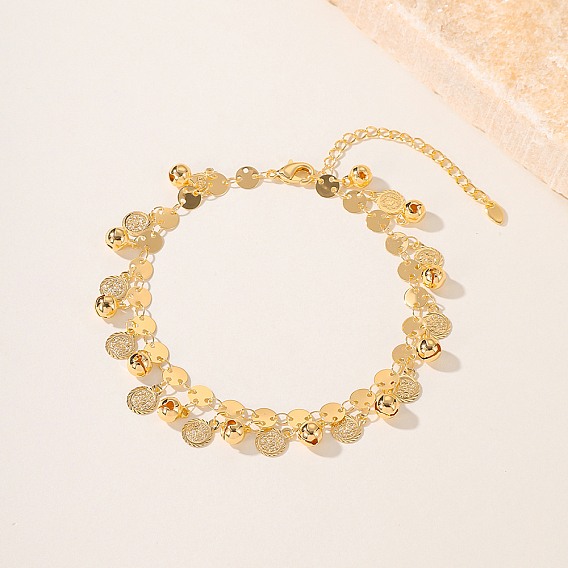 Подвеска-колокольчик из латуни в пляжном стиле, плоские круглые браслеты с подвесками, регулируемый браслет на лодыжку, реальный 18 k позолоченный