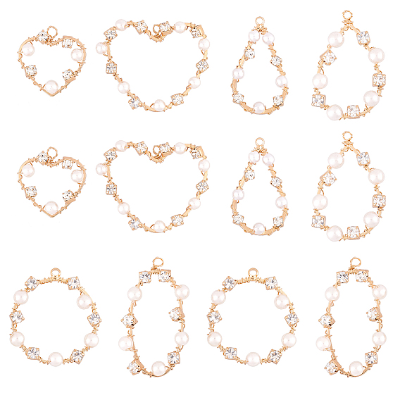 Brass Wire Wrapped Pendants, with Crystal Rhinestone and ABS Plastic Imitation Pearl, Heart
