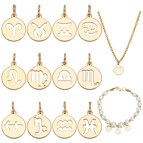 12 шт. 12 стили плоские круглые с двенадцатью созвездиями латунные подвески, с прыжковых колец