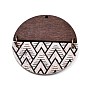Imitation Leather & Wood Pendants, Flat Round with Wave/Leaf Pattern Charms