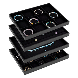 4шт. 4 стили: деревянные подносы для демонстрации ювелирных изделий, покрытые искусственной кожей, для сережек, колец, браслетов и ожерелий, прямоугольные