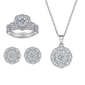 Chic Floral CZ Jewelry Set: Silver Necklace, Earrings & Ring for Women