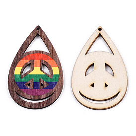 Single Face Printed Basswood Big Pendants, Undyed, Teardrop with Peace Sign