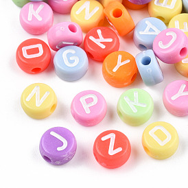 Opaque Acrylic Beads, Flat Round with Random White Letter A~Z