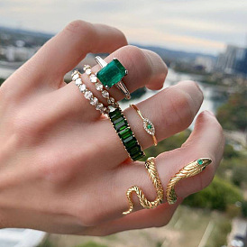 Green Diamond Snake Ring Set - 6 Pieces Vintage Emerald Zircon Joint Rings