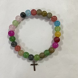 Glass Beads Stretch Bracelets, with 304 Stainless Steel Cross Pendants
