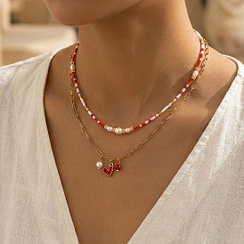 Подвеска в виде красного сердца из латуни с эмалью, двухслойное ожерелье., 304 Цепочка из нержавеющей стали в виде скрепки и ожерелье из жемчуга фук и стеклянных бусин