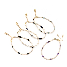 Beaded Bracelets, with Natural Pearl Beads, Natural Gemstone Beads, Brass Beads & Spring Ring Clasps, Golden