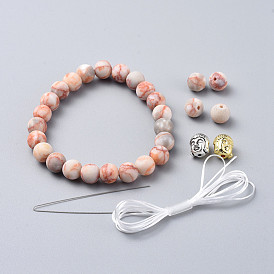 Bracelets élastiques, avec des perles de pierres fines, perles en alliage de tête de bouddha et fil de fibre élastique