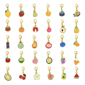 30шт 30 стили сплав эмаль фрукты подвеска украшения, с карабин-лобстерами , золотые