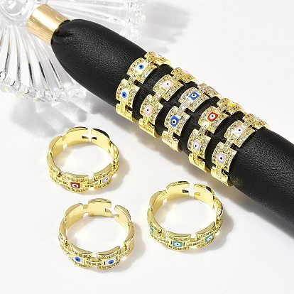 Кольца-манжеты из латуни с микропаве из прозрачного кубического циркония и эмалью для женщин, без кадмия, без никеля и без свинца, прямоугольник с сглаза, реальный 18 k позолоченный